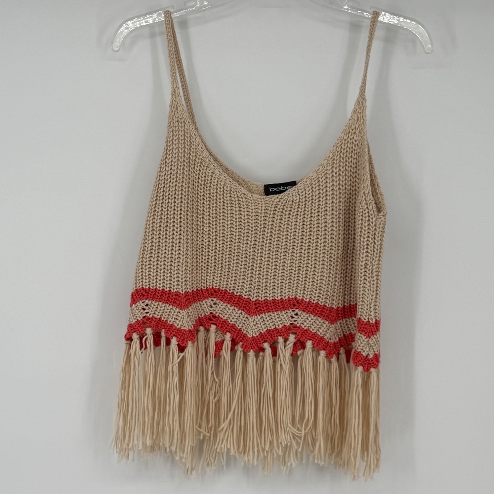Bebe Womens Tan Knit Fringe Camisole Tank Top Large Beige Red Zig Zag Boho